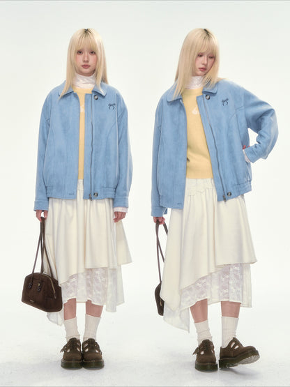 [CAN] Dusty Blue Suede Bow Embroidery Jacket