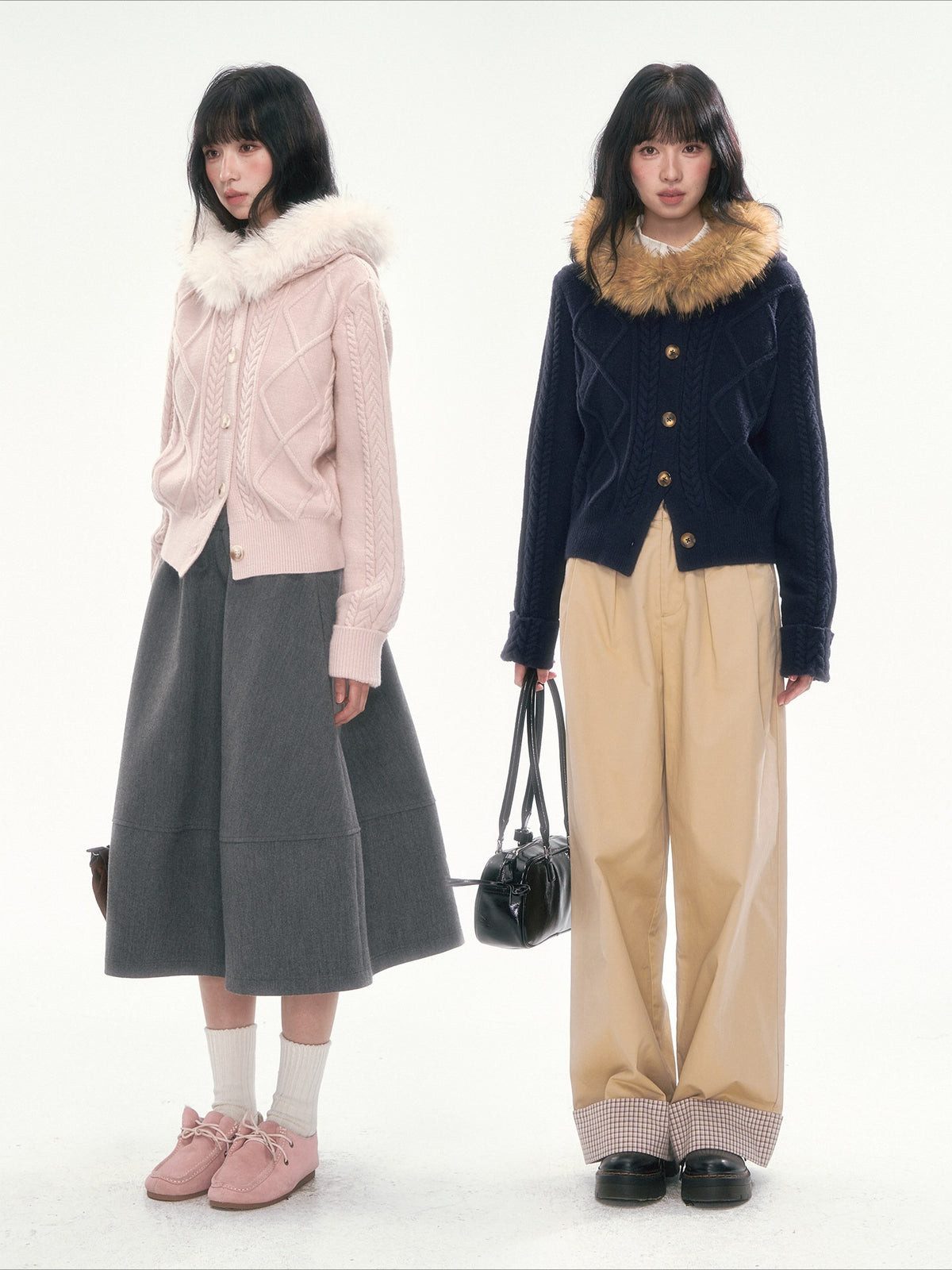 [CAN] Cable Knit Hooded Cardigan (Navy / Dusty Pink)
