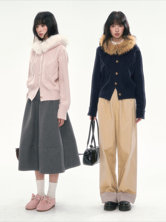 [CAN] Cable Knit Hooded Cardigan (Navy / Dusty Pink)