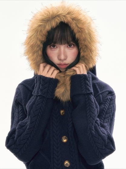 [CAN] Cable Knit Hooded Cardigan (Navy / Dusty Pink)
