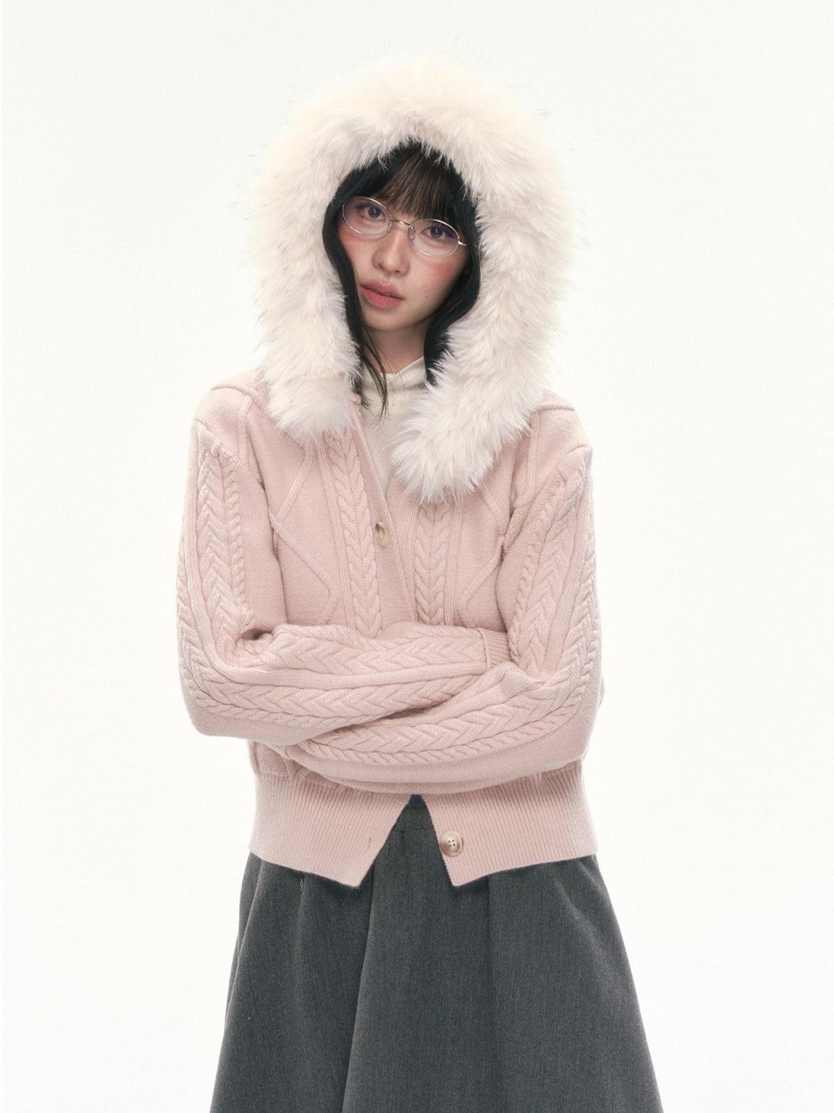 [CAN] Cable Knit Hooded Cardigan (Navy / Dusty Pink)