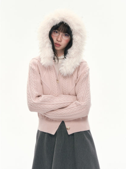 [CAN] Cable Knit Hooded Cardigan (Navy / Dusty Pink)