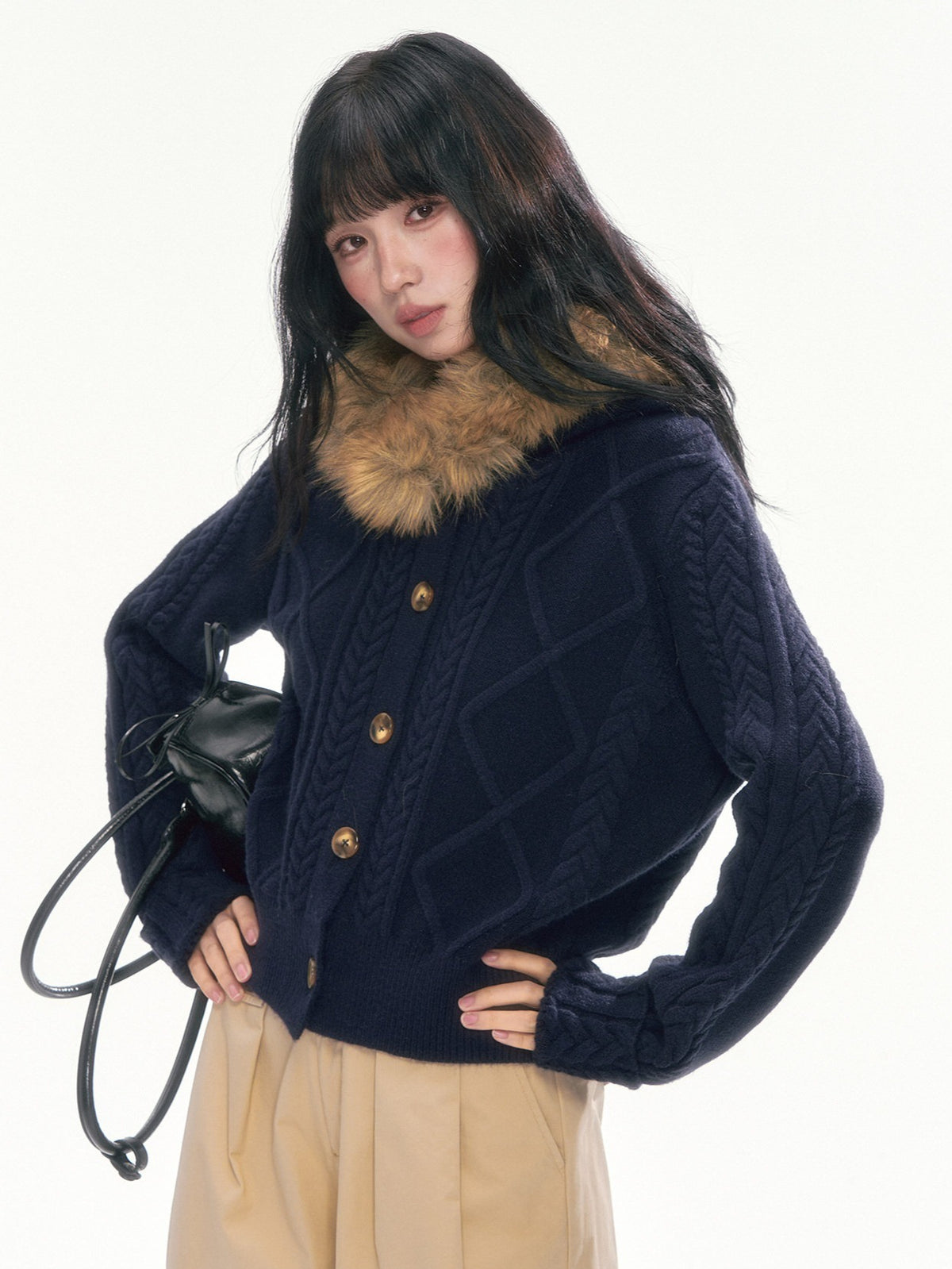 [CAN] Cable Knit Hooded Cardigan (Navy / Dusty Pink)
