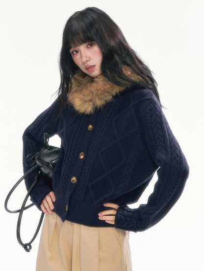 [CAN] Cable Knit Hooded Cardigan (Navy / Dusty Pink)