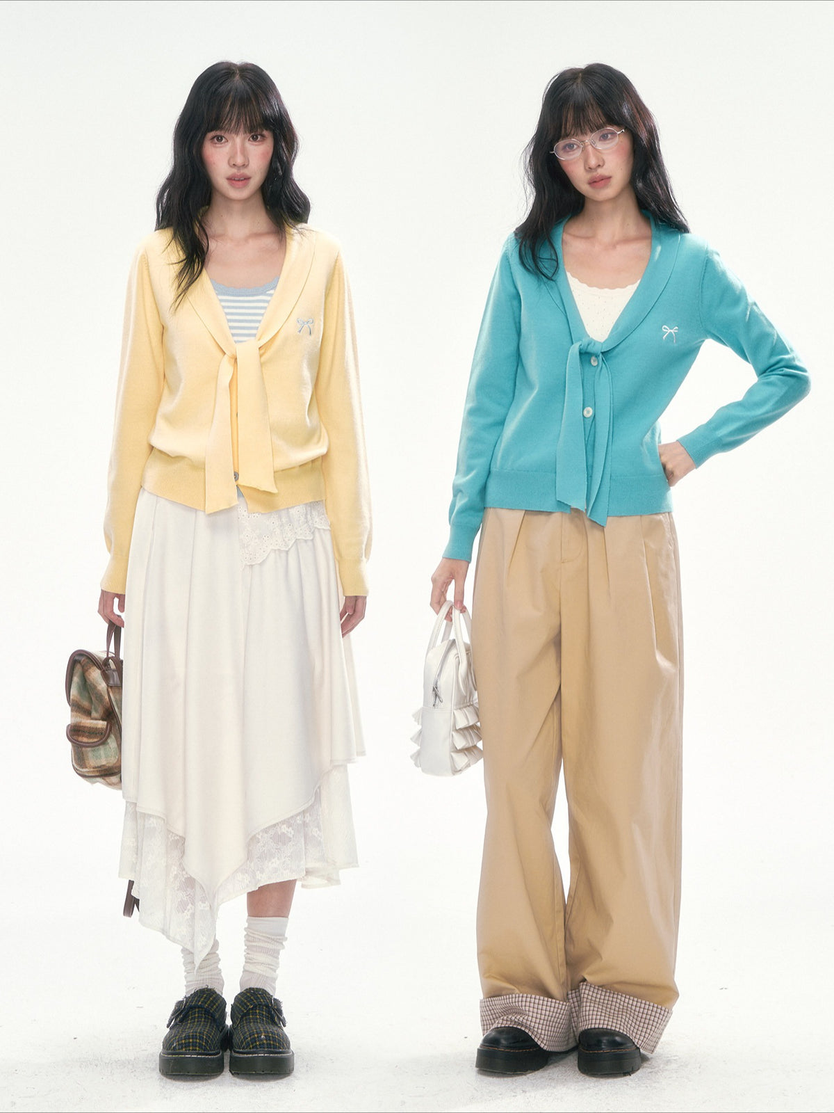 [CAN] Bow Embroidery Knit Cardigan (Blue / Yellow)