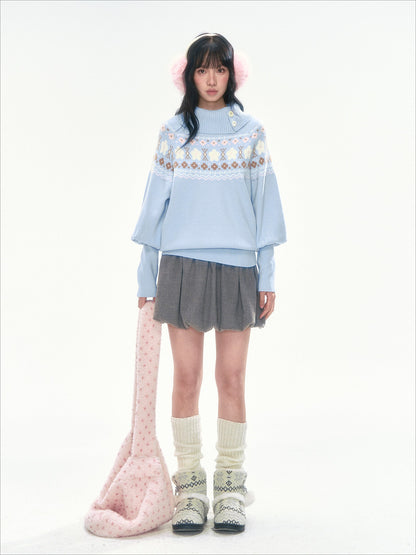 [CAN] Light Blue Floral Fair Isle Knit Sweater
