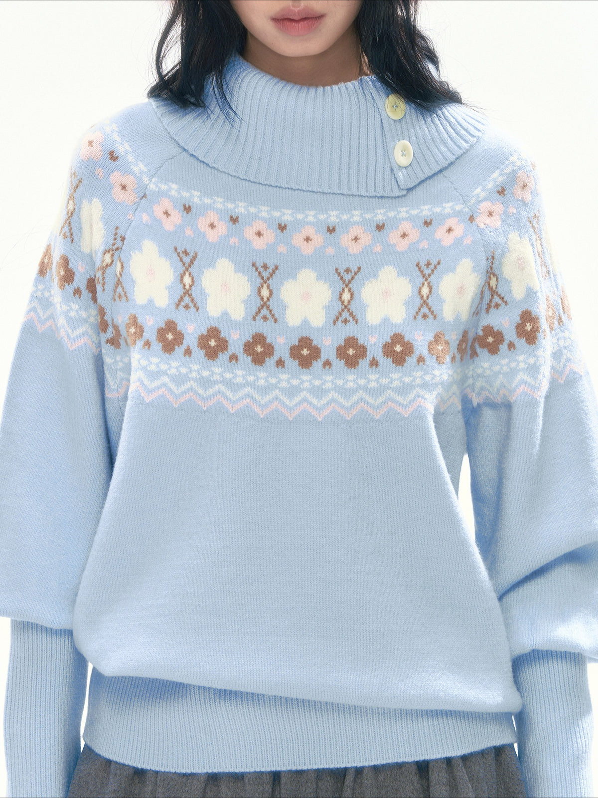 [CAN] Light Blue Floral Fair Isle Knit Sweater
