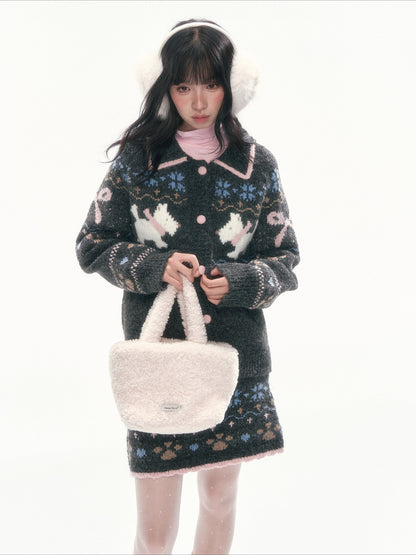 [CAN] Puppy Fair Isle Knit Sweater & Skirt Set (Gray / Pink)