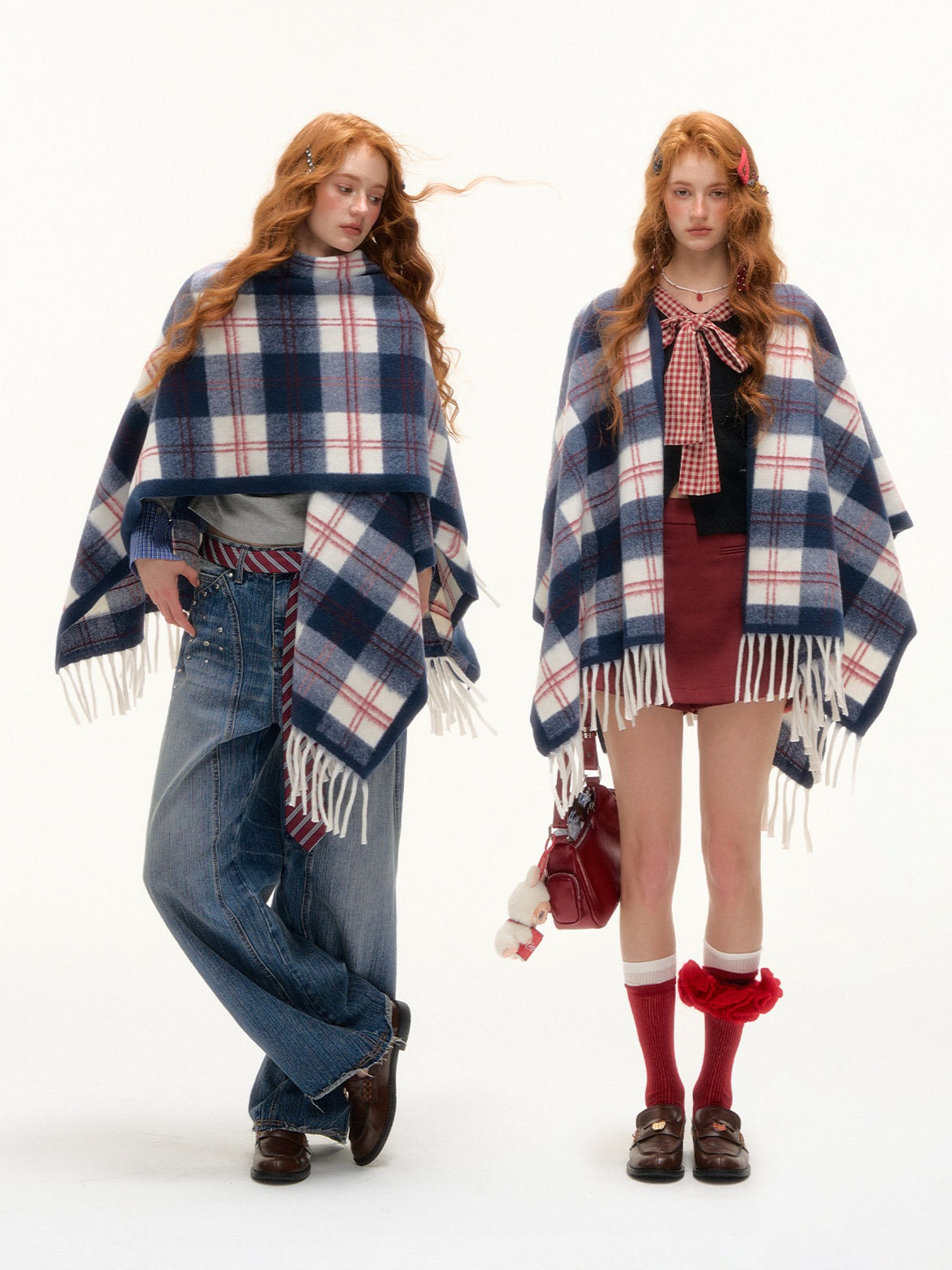 ASGONY - Navy Plaid Fringe Wrap Scarf