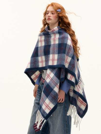 ASGONY - Navy Plaid Fringe Wrap Scarf