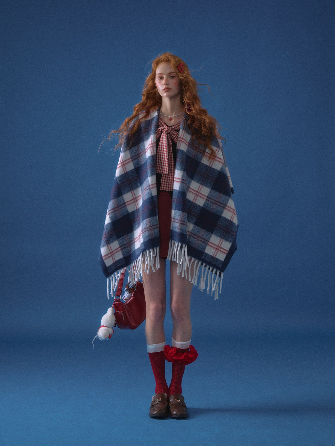 ASGONY - Navy Plaid Fringe Wrap Scarf