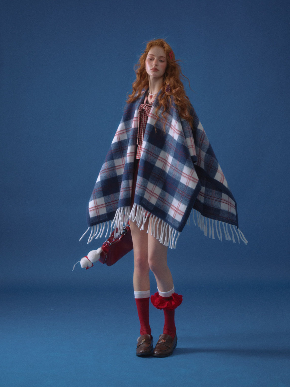 ASGONY - Navy Plaid Fringe Wrap Scarf