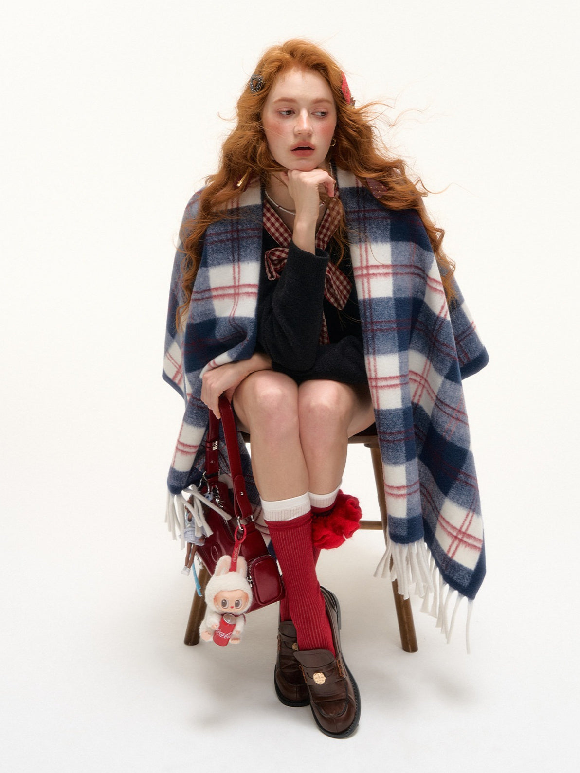 ASGONY - Navy Plaid Fringe Wrap Scarf