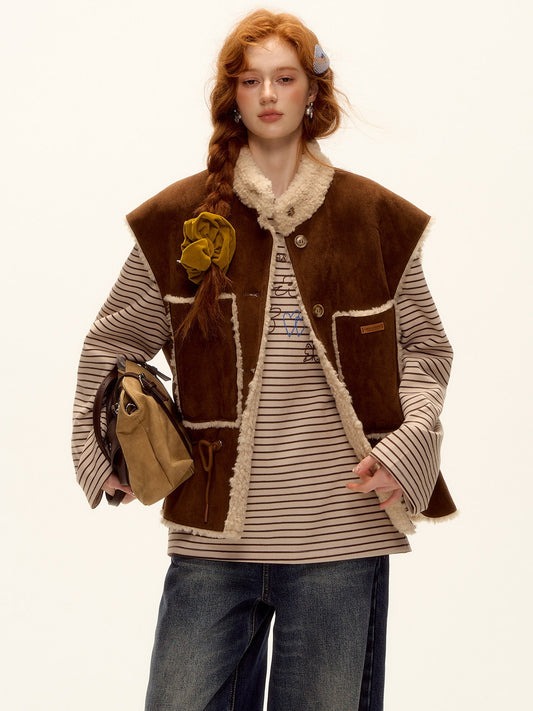 ASGONY - Brown Reversible Suede Faux Shearling Drawstring Vest