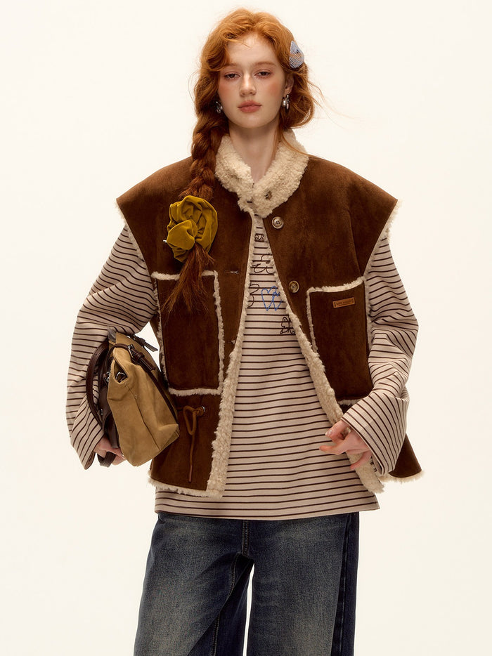 ASGONY - Brown Reversible Suede Faux Shearling Drawstring Vest