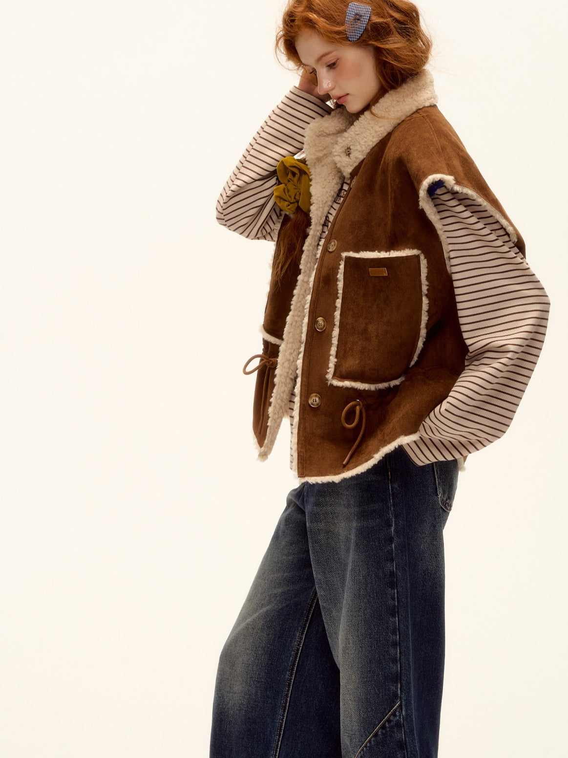 ASGONY - Brown Reversible Suede Faux Shearling Drawstring Vest