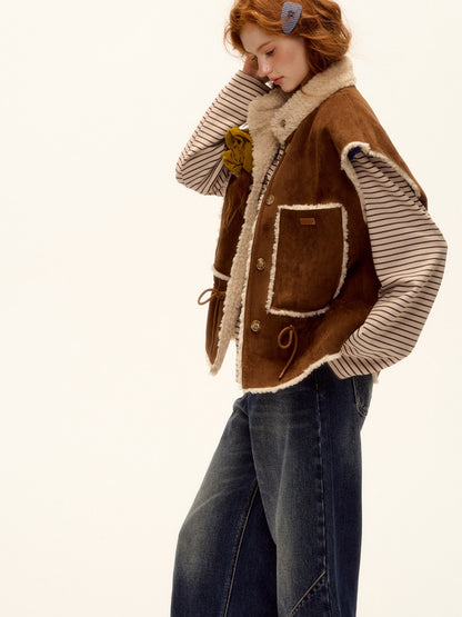 ASGONY - Brown Reversible Suede Faux Shearling Drawstring Vest