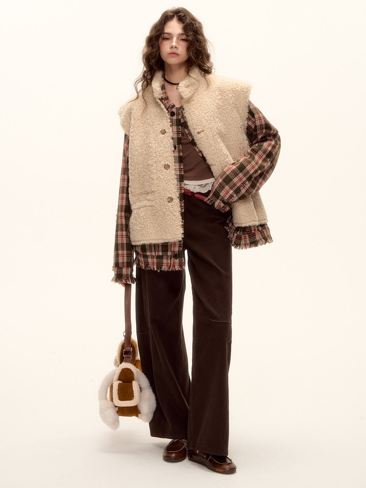 ASGONY - Brown Reversible Suede Faux Shearling Drawstring Vest