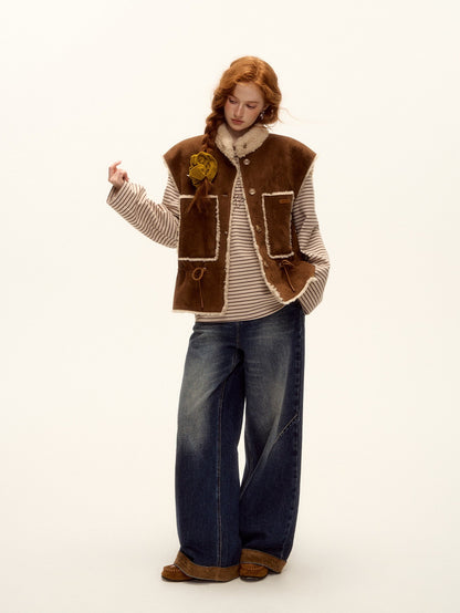 ASGONY - Brown Reversible Suede Faux Shearling Drawstring Vest