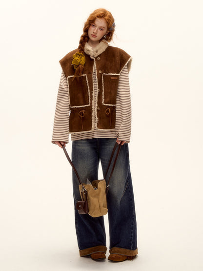ASGONY - Brown Reversible Suede Faux Shearling Drawstring Vest
