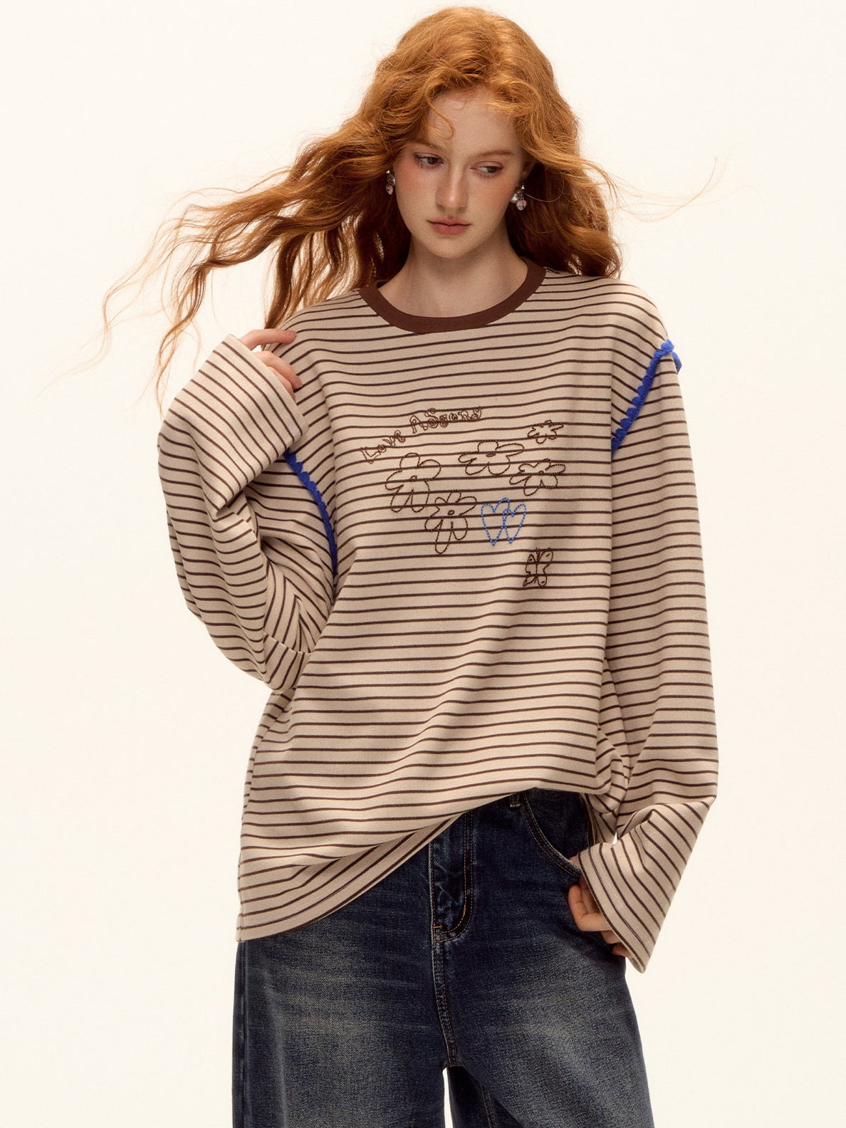 ASGONY - Striped Contrast Embroidered Shell Stitch T-Shirt