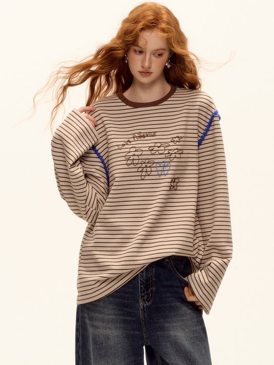 ASGONY - Striped Contrast Embroidered Shell Stitch T-Shirt