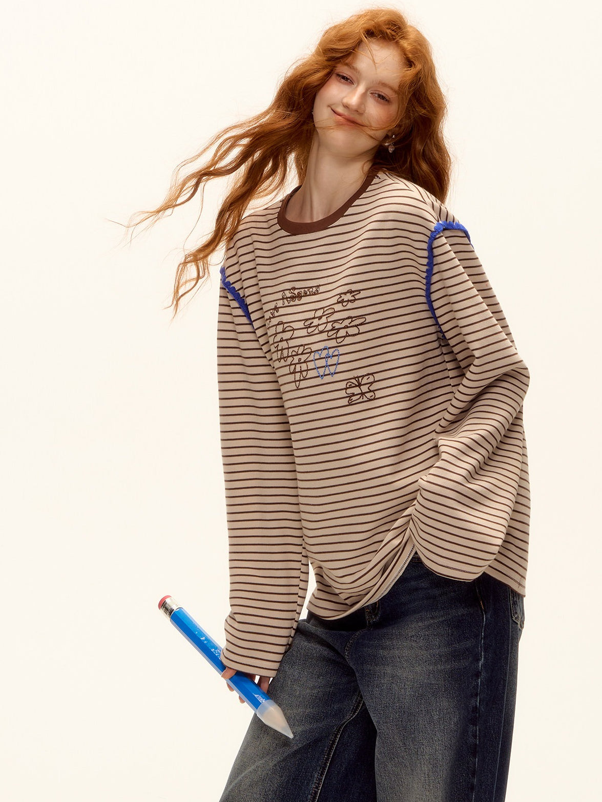 ASGONY - Striped Contrast Embroidered Shell Stitch T-Shirt