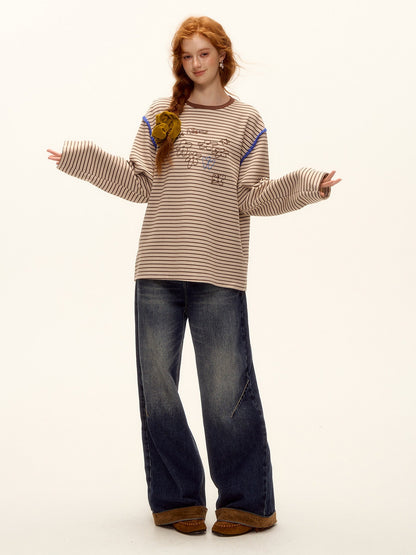 ASGONY - Striped Contrast Embroidered Shell Stitch T-Shirt