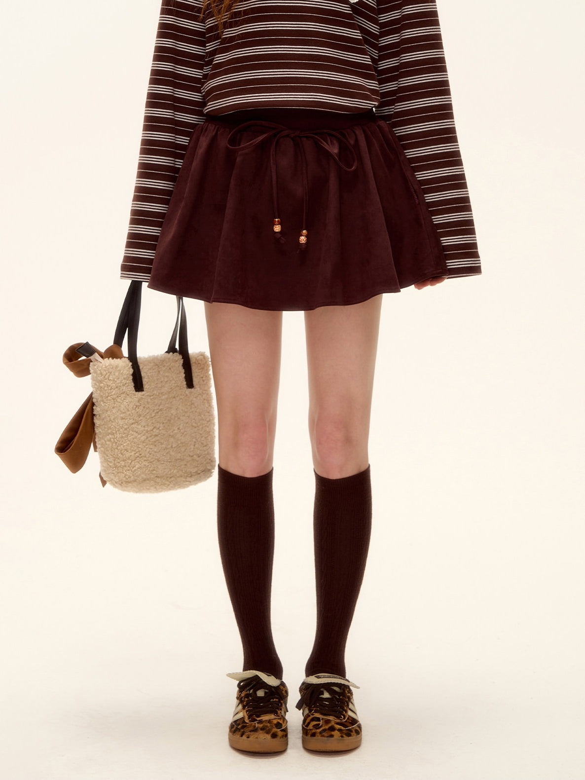 ASGONY - Red Suede Bubble Mini Skirt with Beaded Drawstring