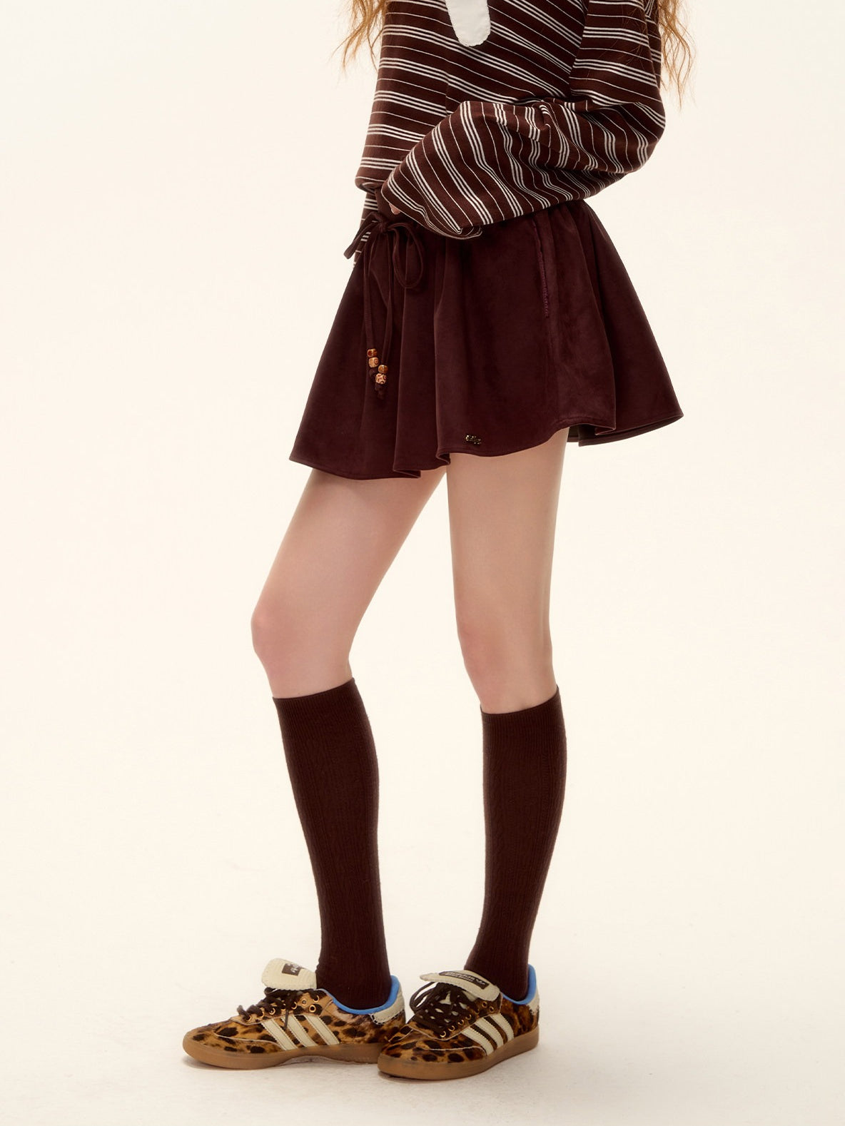 ASGONY - Red Suede Bubble Mini Skirt with Beaded Drawstring