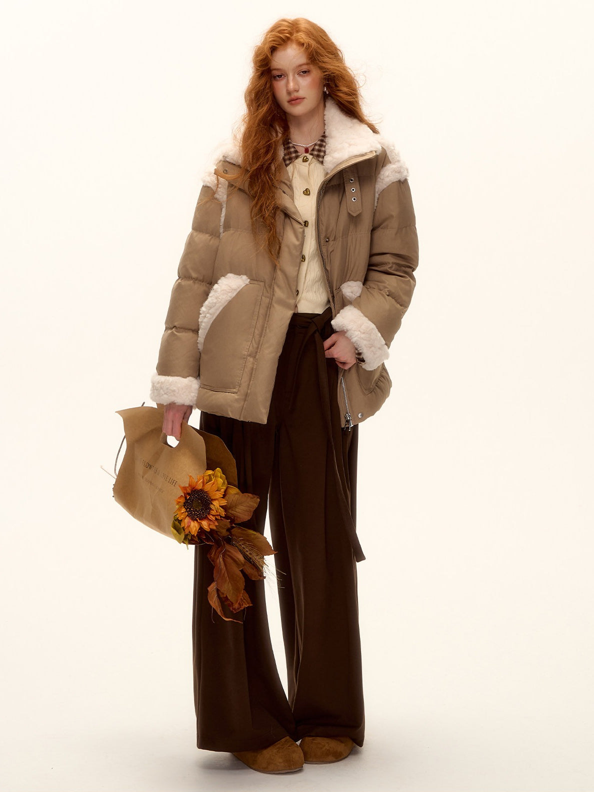 ASGONY - Pleated Wide-Leg Trousers with Detachable Tie (Gray / Brown)