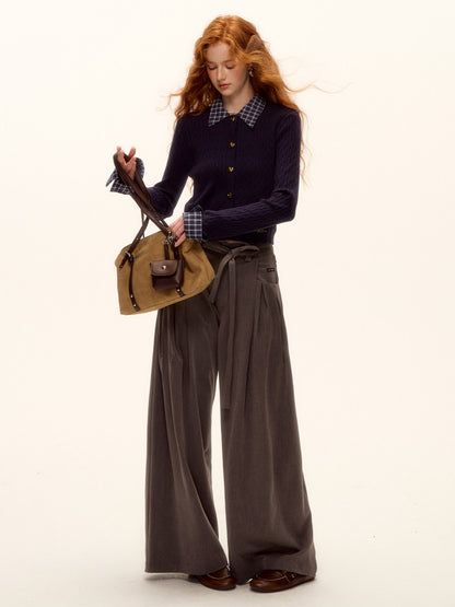 ASGONY - Pleated Wide-Leg Trousers with Detachable Tie (Gray / Brown)