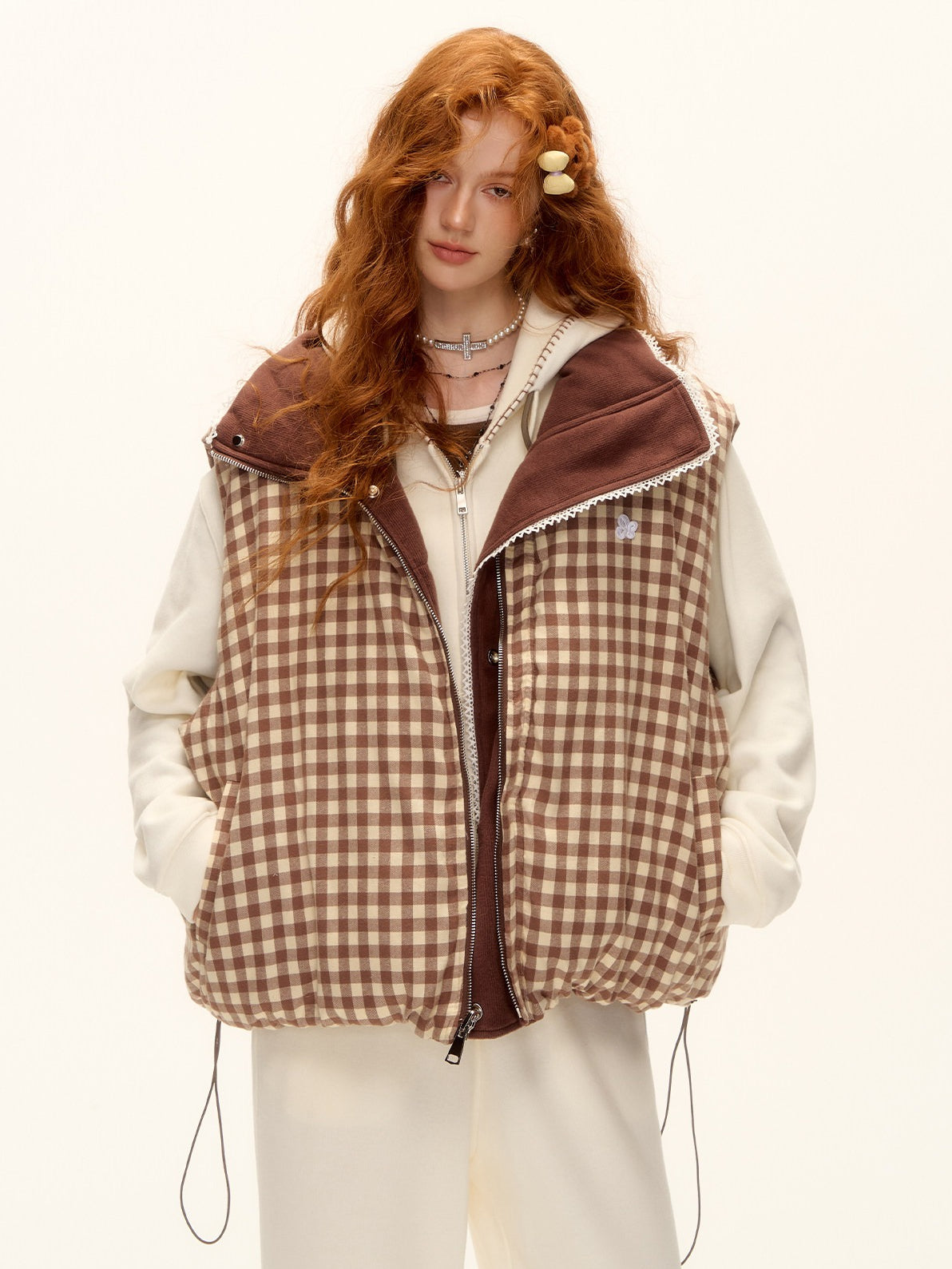 ASGONY - Reversible Plaid Lace-Trim Quilted Vest (Brown / Gray)
