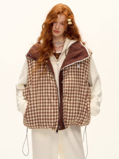 ASGONY - Reversible Plaid Lace-Trim Quilted Vest (Brown / Gray)