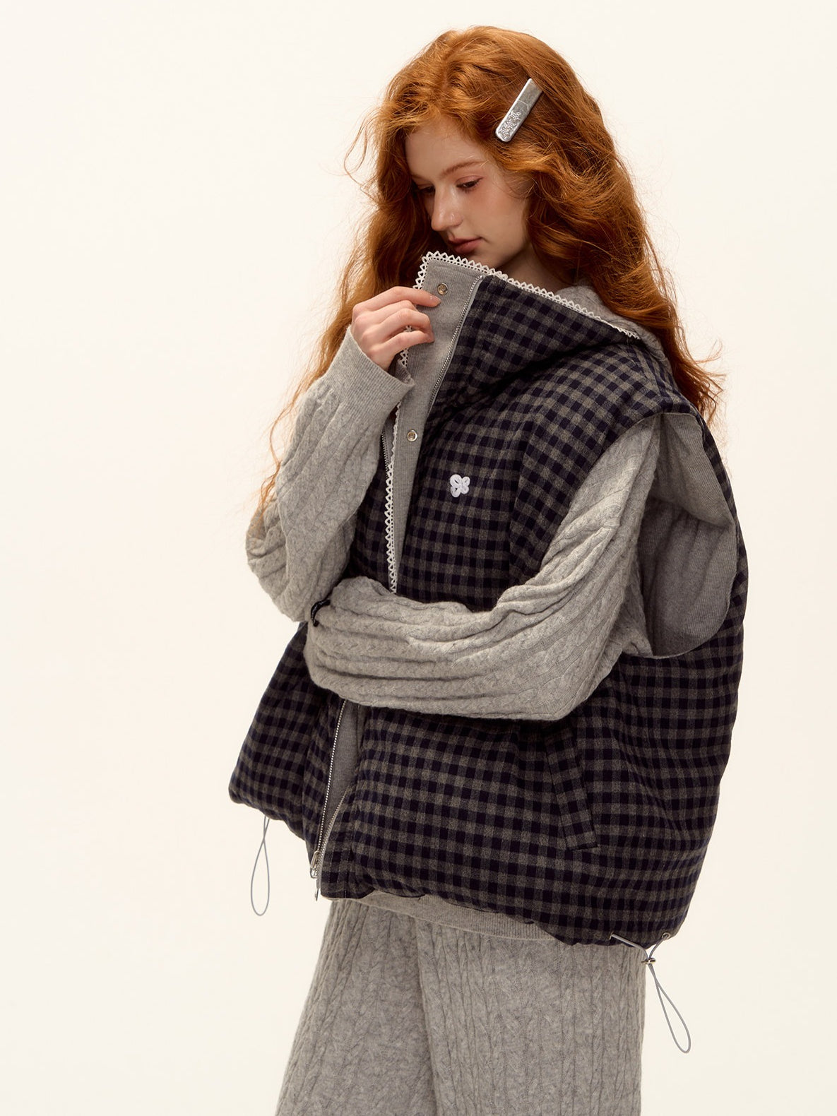 ASGONY - Reversible Plaid Lace-Trim Quilted Vest (Brown / Gray)