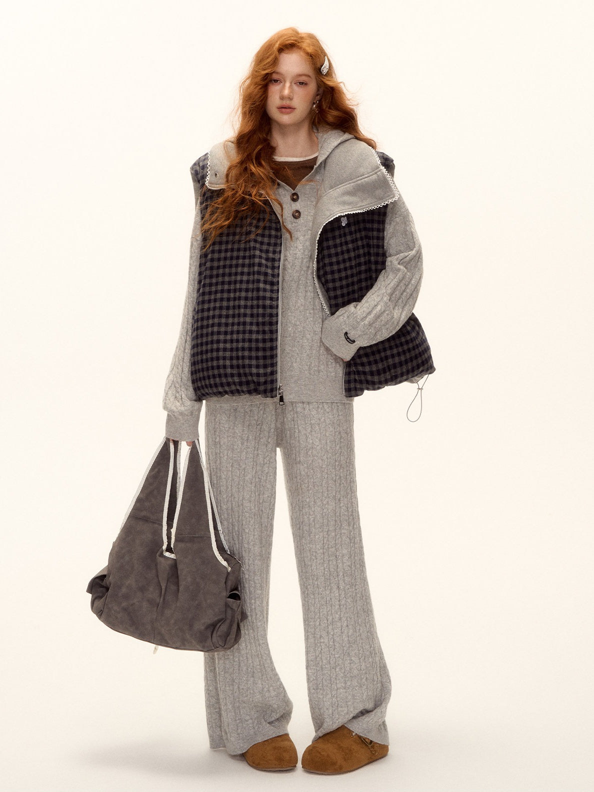 ASGONY - Reversible Plaid Lace-Trim Quilted Vest (Brown / Gray)