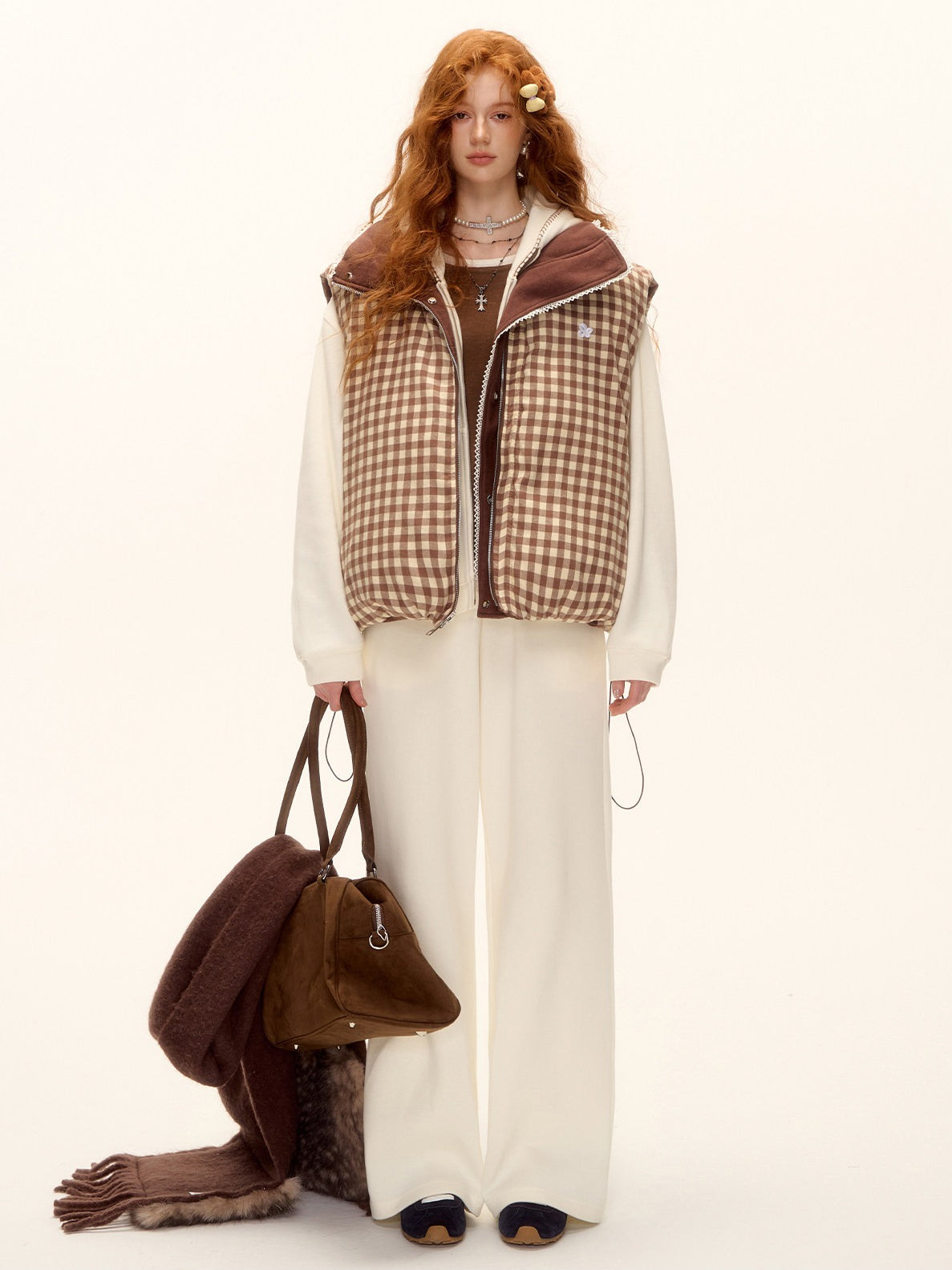 ASGONY - Reversible Plaid Lace-Trim Quilted Vest (Brown / Gray)