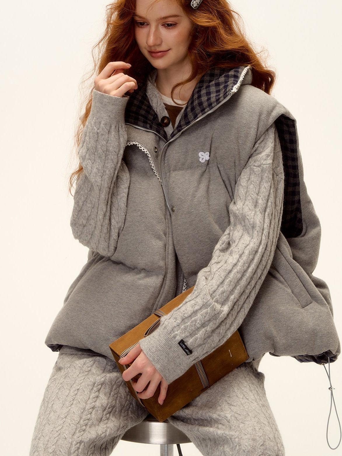 ASGONY - Reversible Plaid Lace-Trim Quilted Vest (Brown / Gray)