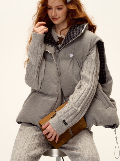 ASGONY - Reversible Plaid Lace-Trim Quilted Vest (Brown / Gray)