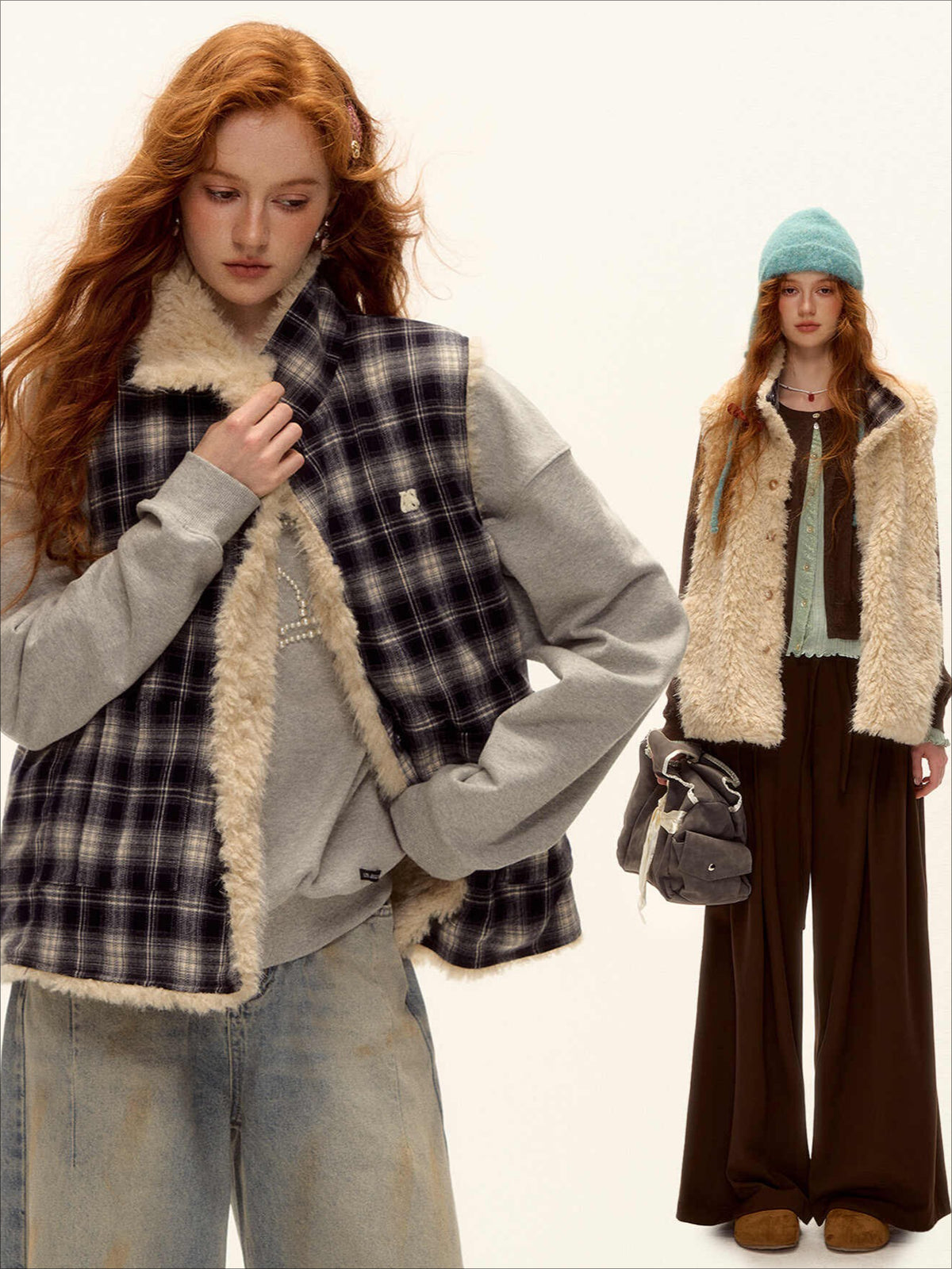 ASGONY - Reversible Plaid & Faux Fur Stand-Collar Vest