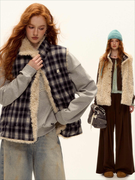 ASGONY - Reversible Plaid & Faux Fur Stand-Collar Vest