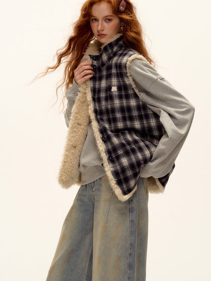 ASGONY - Reversible Plaid & Faux Fur Stand-Collar Vest