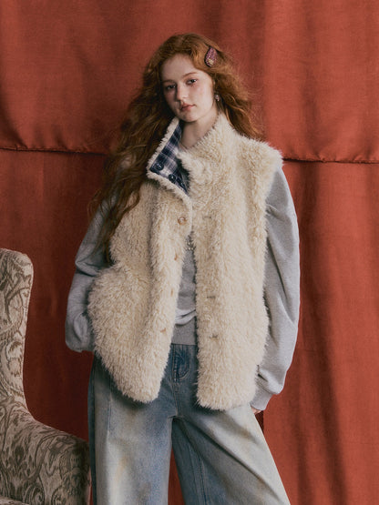 ASGONY - Reversible Plaid & Faux Fur Stand-Collar Vest