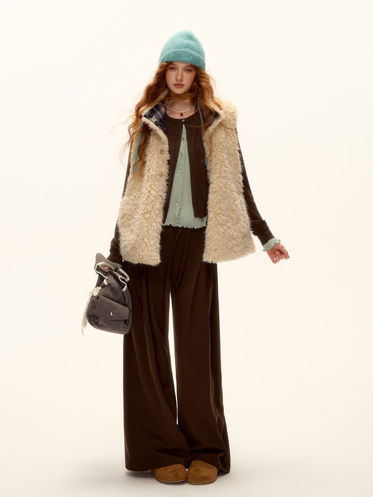 ASGONY - Reversible Plaid & Faux Fur Stand-Collar Vest