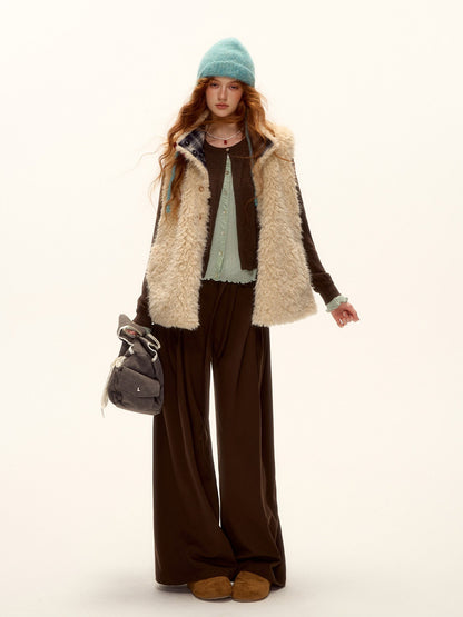 ASGONY - Reversible Plaid & Faux Fur Stand-Collar Vest