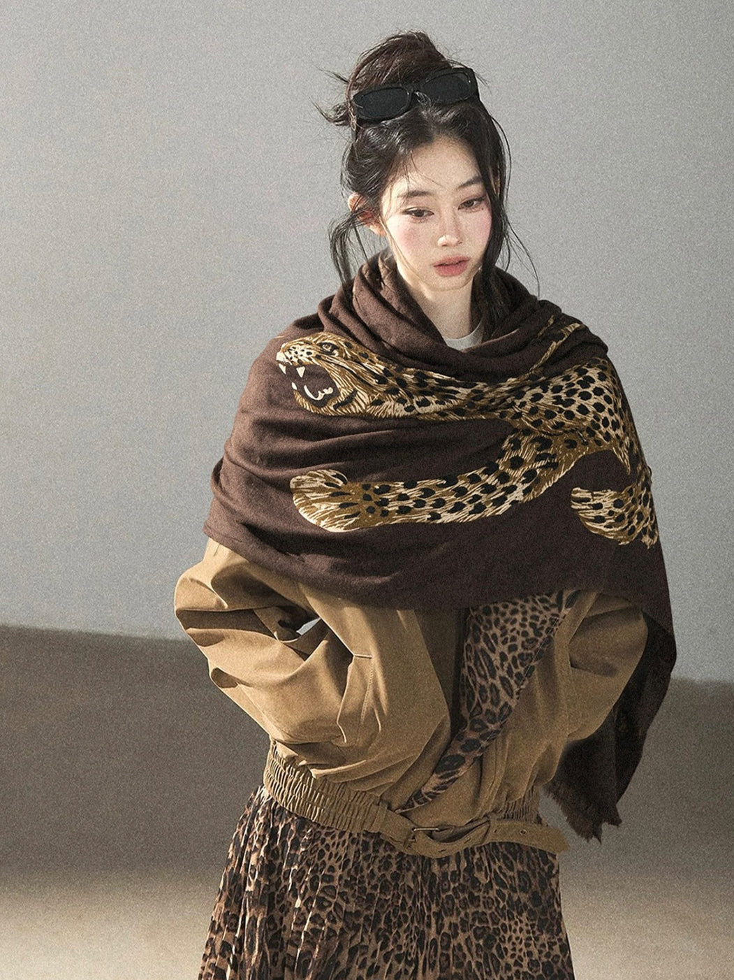 AOMALM - Korean-Style Leopard Print Shawl Scarf