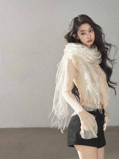 AOMALM - 100% Silk Sheer Fringe Scarf