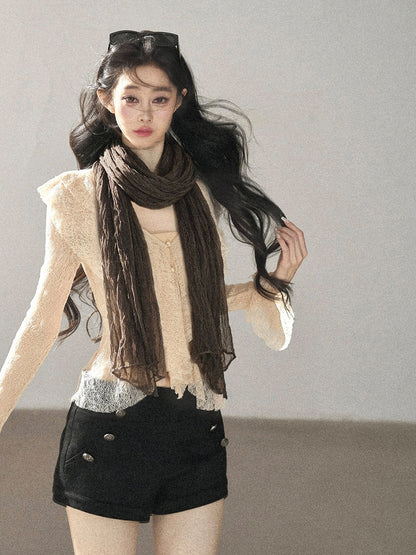 AOMALM - 100% Silk Sheer Fringe Scarf