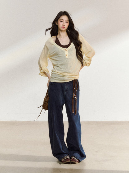 JN's DESIGN - Tencel V-Neck Layered Cami Set with Wood Buttons