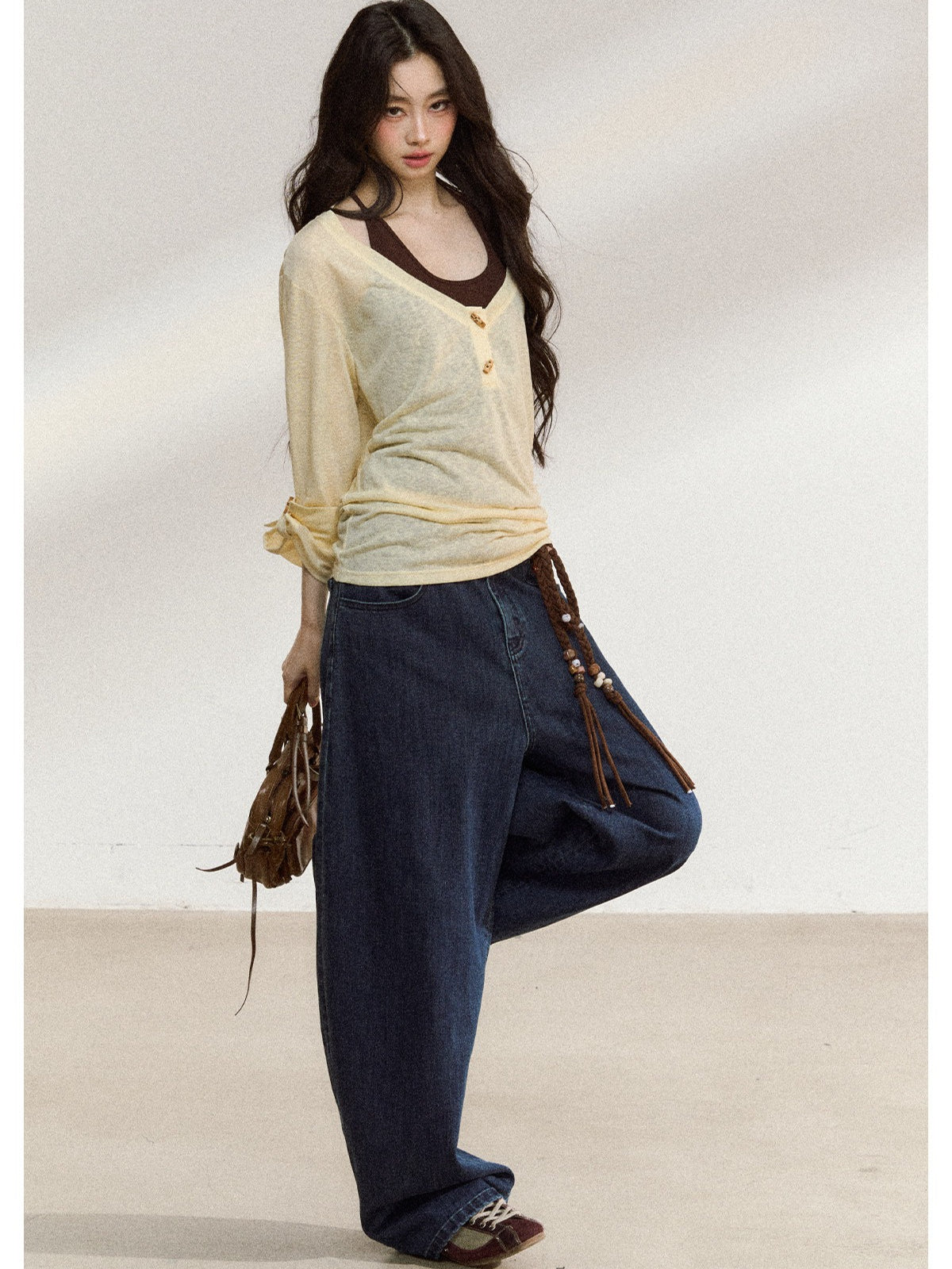 JN's DESIGN - Tencel V-Neck Layered Cami Set with Wood Buttons